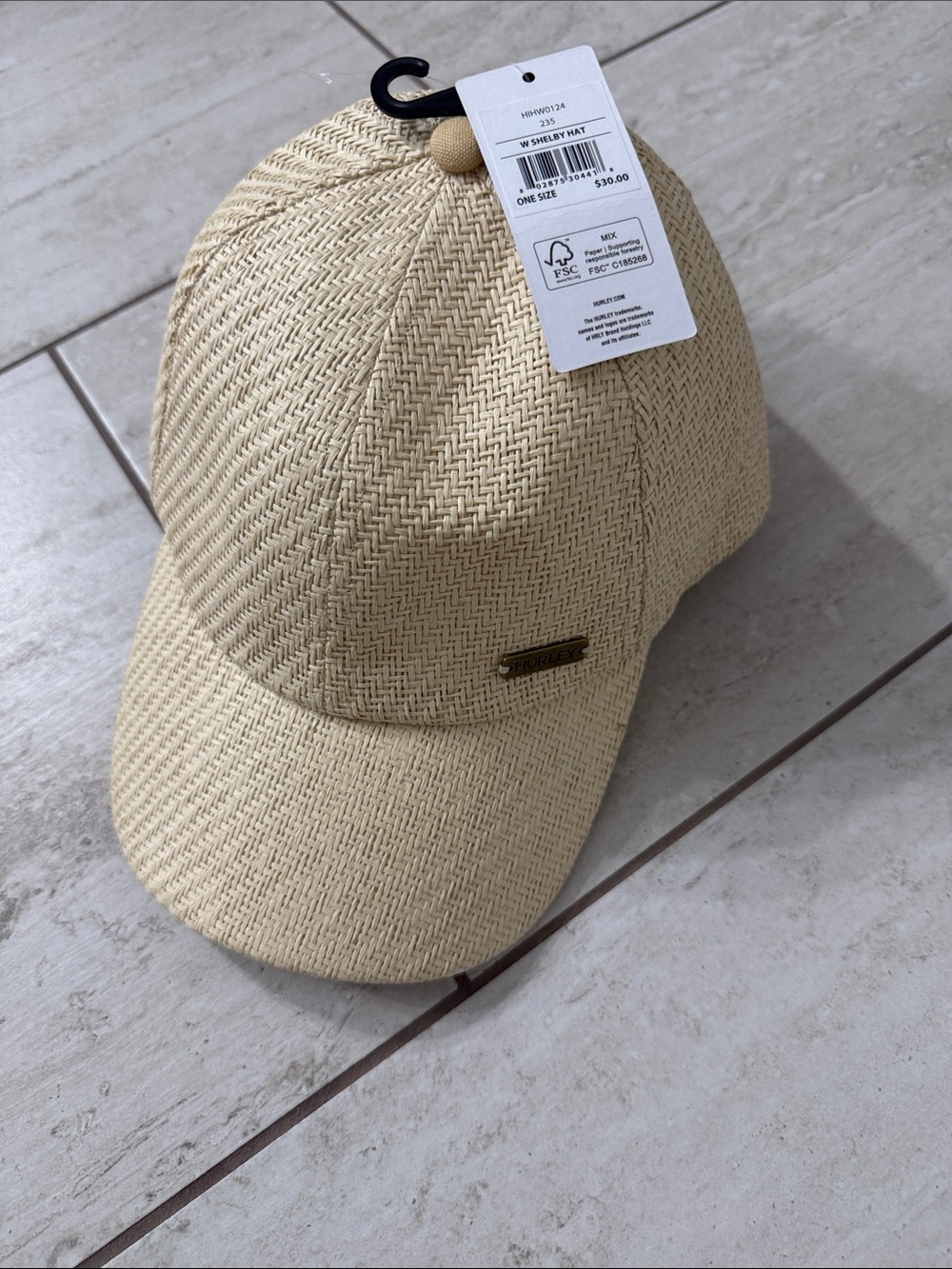 Hurley Beige Straw-Texture Cap with Brass Logo..ladies ..o/s